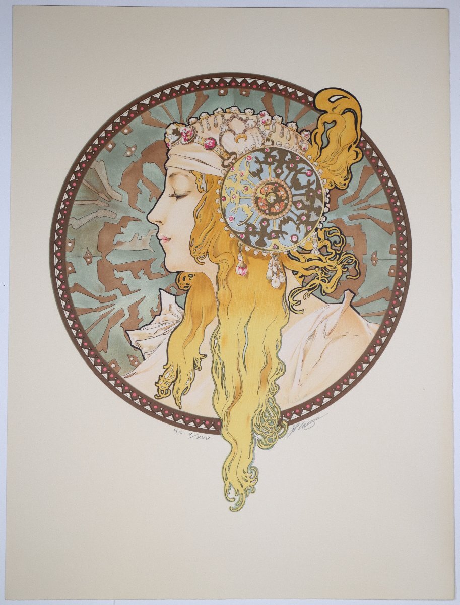 ミュシャ Alphonse Mucha 「ブロンド (The Blonde)」版画（リトグラフ）※シートのみ出品　摺師直筆サイン有り 250部限定（本作品HC）真作_画像1