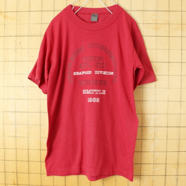 80s USA製 JERZEES プリント 半袖 Tシャツ ボルドー レッド メンズS相当 アメリカ古着_画像1