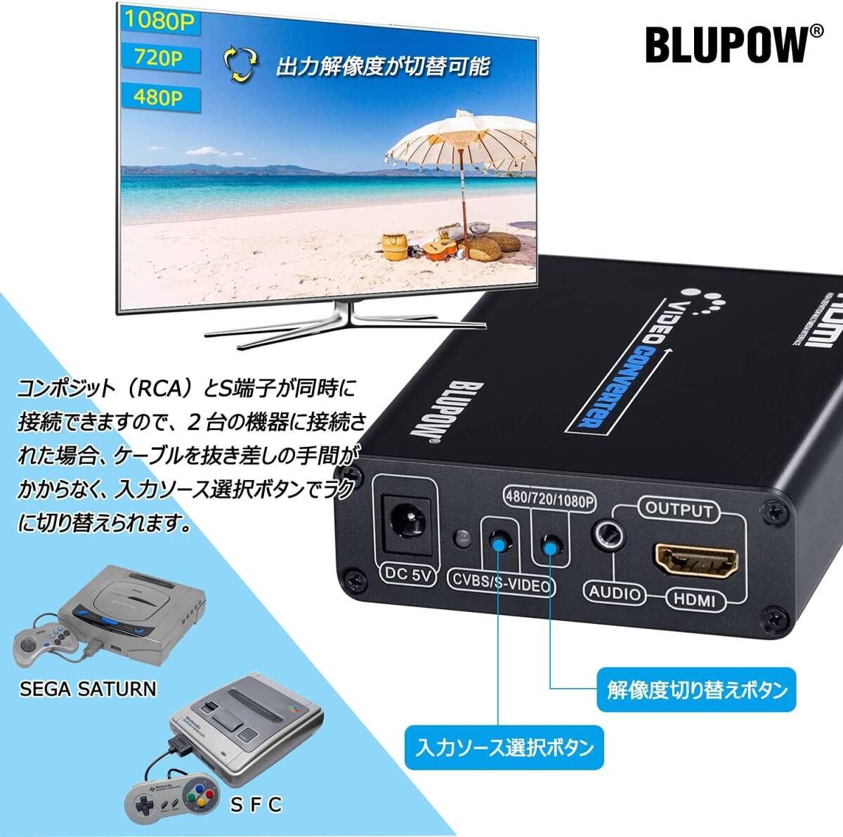 Composite/S-Video to HDMI変換器 BLUPOW コンポジット/S端子 to HDMI 変換器 1080P対_画像4