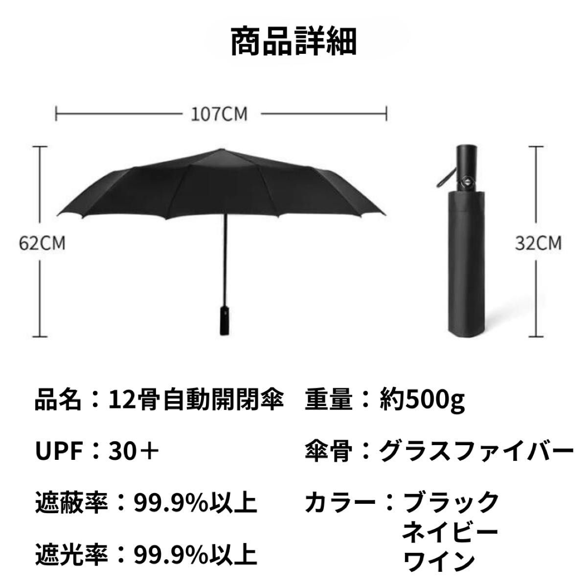 折りたたみ傘 12骨 晴雨兼用 自動開閉 ワンタッチ 遮光 遮熱 撥水 男女兼用 ブラック