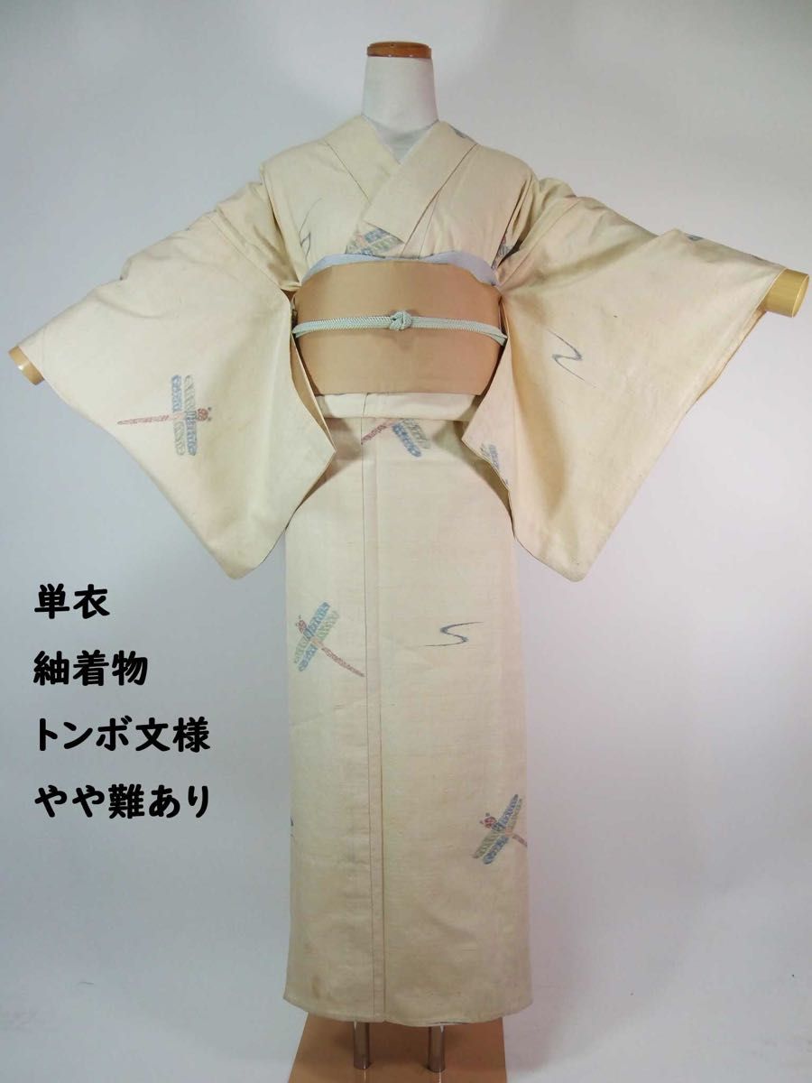 単衣　紬着物　とんぼに琉球絣文様　正絹　生成色　やや難あり