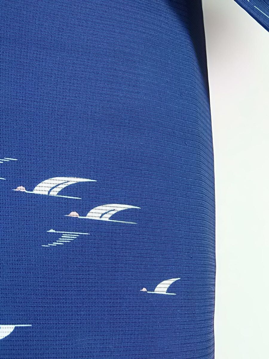 美品　洗える夏着物　駒絽　小紋　鳥文様　手縫い　青色系　しつけ有り