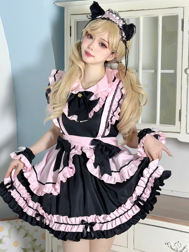  made clothes cat ear meido4 point set Lolita dress One-piece meido apron ribbon cat ear Katyusha attaching doll collar pretty mini height 