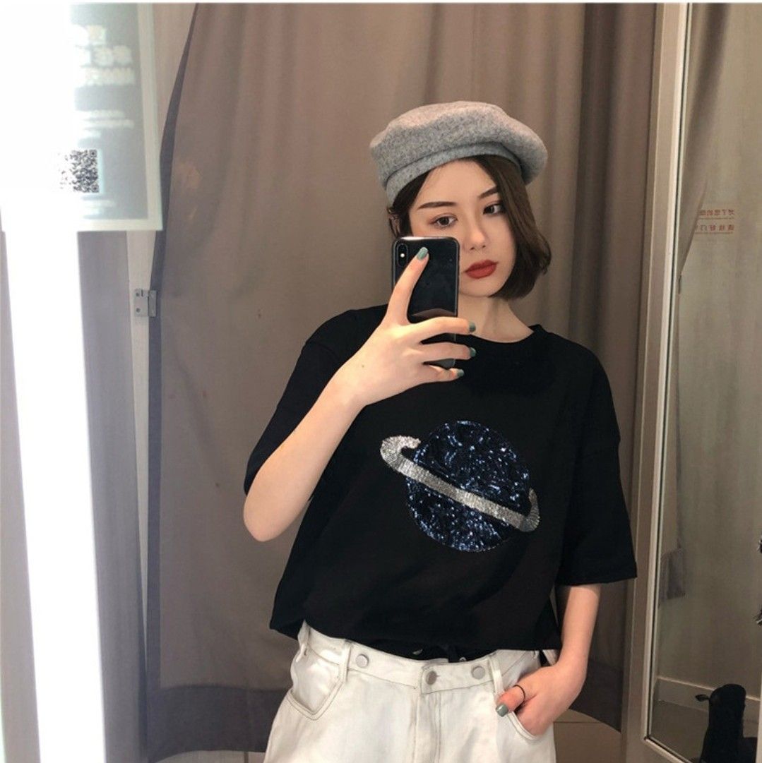 Tシャツ　カットソー　土星　宇宙　スパンコール風　黒　ラウンドネック　オーバーサイズ　ゆったり　大きいサイズ　体型カバー ダンス