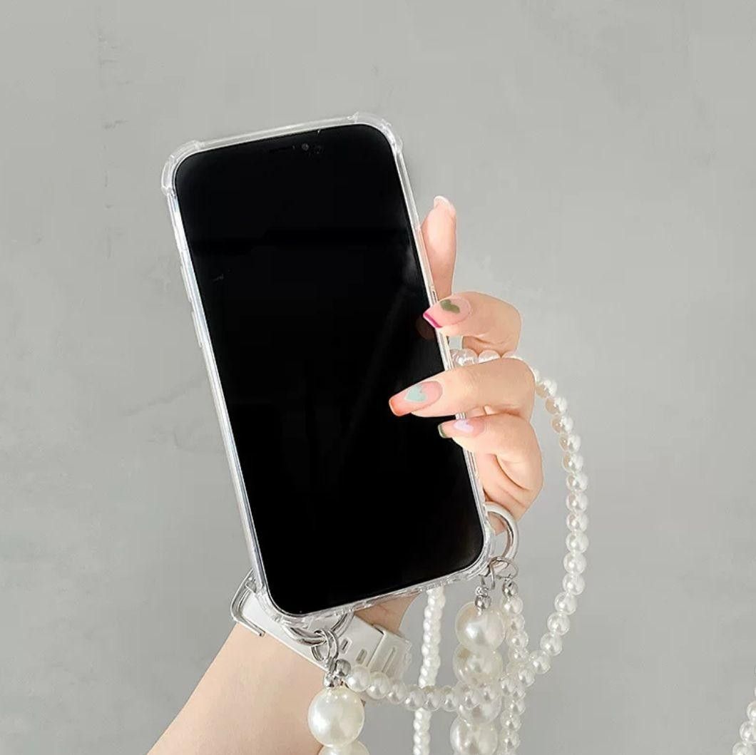 スマホショルダー iPhone15 パール ストラップ クリア ケース 韓国 iPhoneケース ダブルパールチェーン