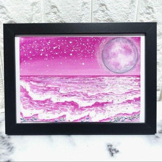 満月の海の絵　自作画　ハンドメイド　絵画 イラスト　風景画　2Lサイズ