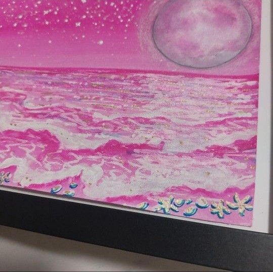 満月の海の絵　自作画　ハンドメイド　絵画 イラスト　風景画　2Lサイズ