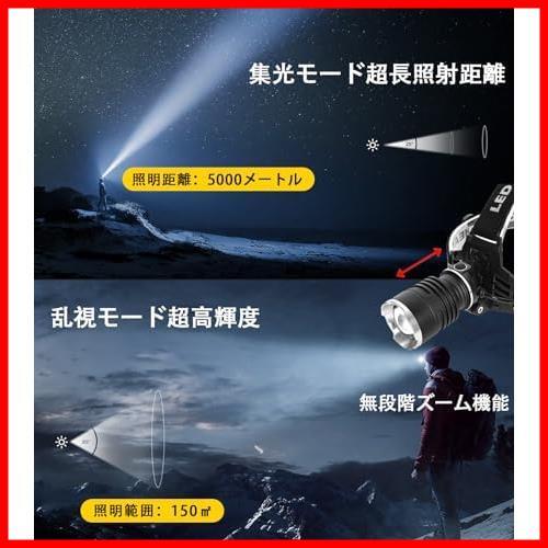 【2023進化高輝度 】LED ヘッドライト 充電式 CREE XHP199 1000000ルーメン 超高輝度 ヘッドランプ 5点灯モード ヘルメット ライトの画像3