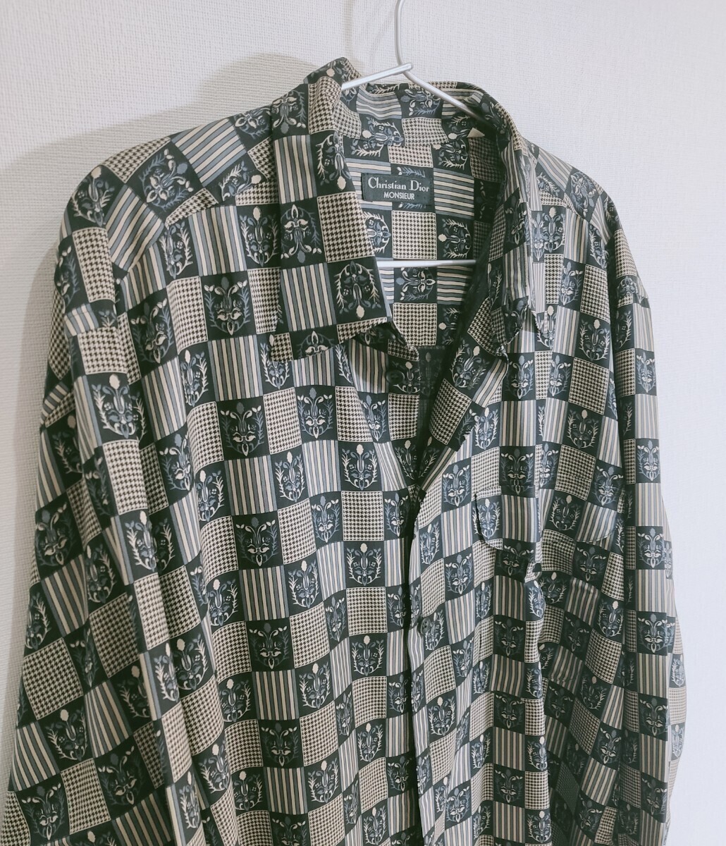  Christian Dior shirt [ silk ][ total pattern ][L size ][Christian Dior MONSIEUR] [ ultimate beautiful goods unused class ] [ long sleeve ][ spring summer ]