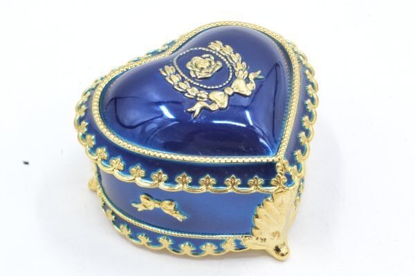 (1S 0503Y38)１円～ 未使用 ハート型 薔薇 リボン ヴィンテージ オルゴール ジュエリーボックス 日本製 宝石箱 小物入れ ブルーの画像1