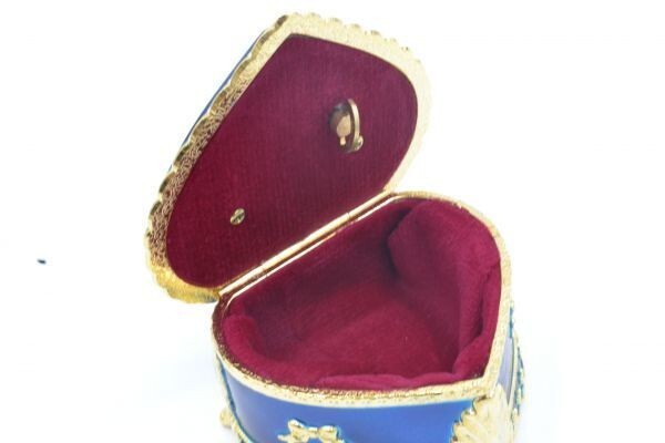 (1S 0503Y38)１円～ 未使用 ハート型 薔薇 リボン ヴィンテージ オルゴール ジュエリーボックス 日本製 宝石箱 小物入れ ブルーの画像5