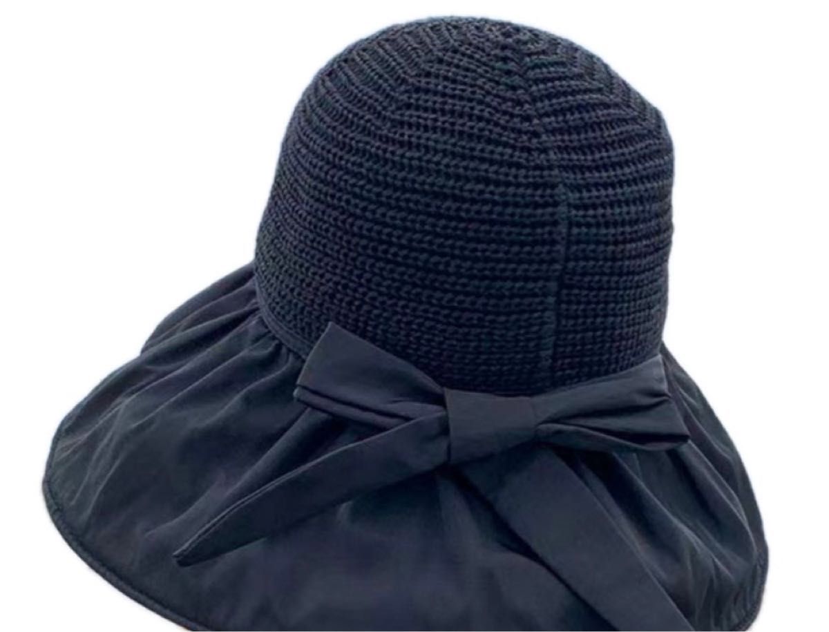 帽子 レディース 黒 つば広 紫外線 UVカット 日焼け対策 リボン 可愛い　 女性　 ハット　 ブラック 遮光 リボン 
