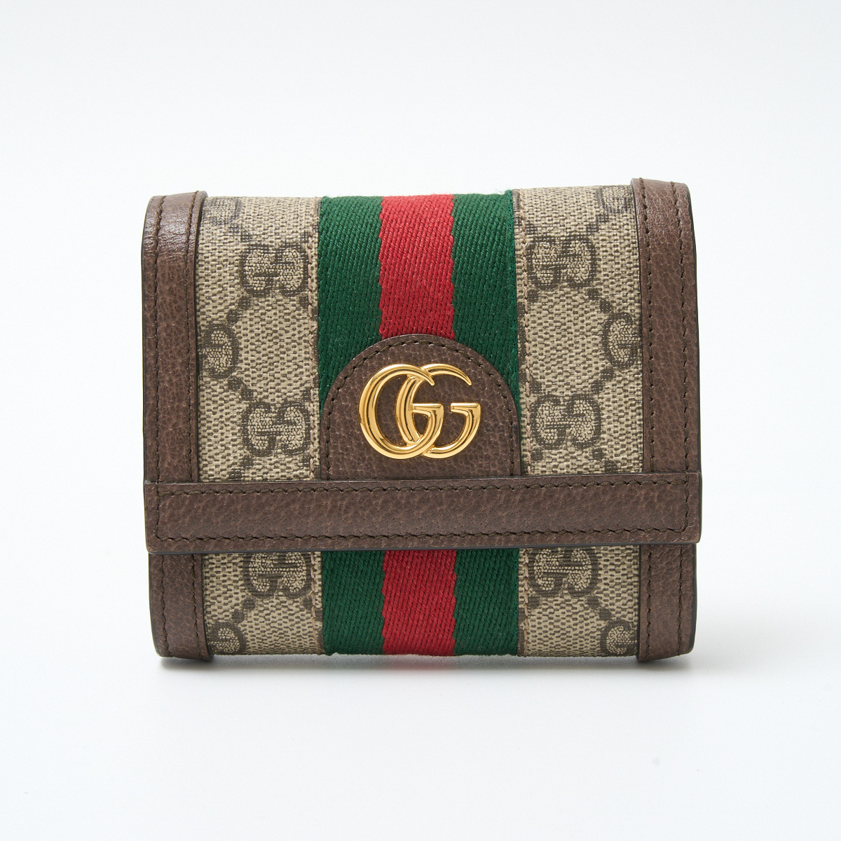 GUCCI グッチ 〔オフィディア〕三つ折り ウォレット 523174 コンパクト ミニ財布 GGスプリーム×レザー ウェブストライプ×ベージュ_画像1