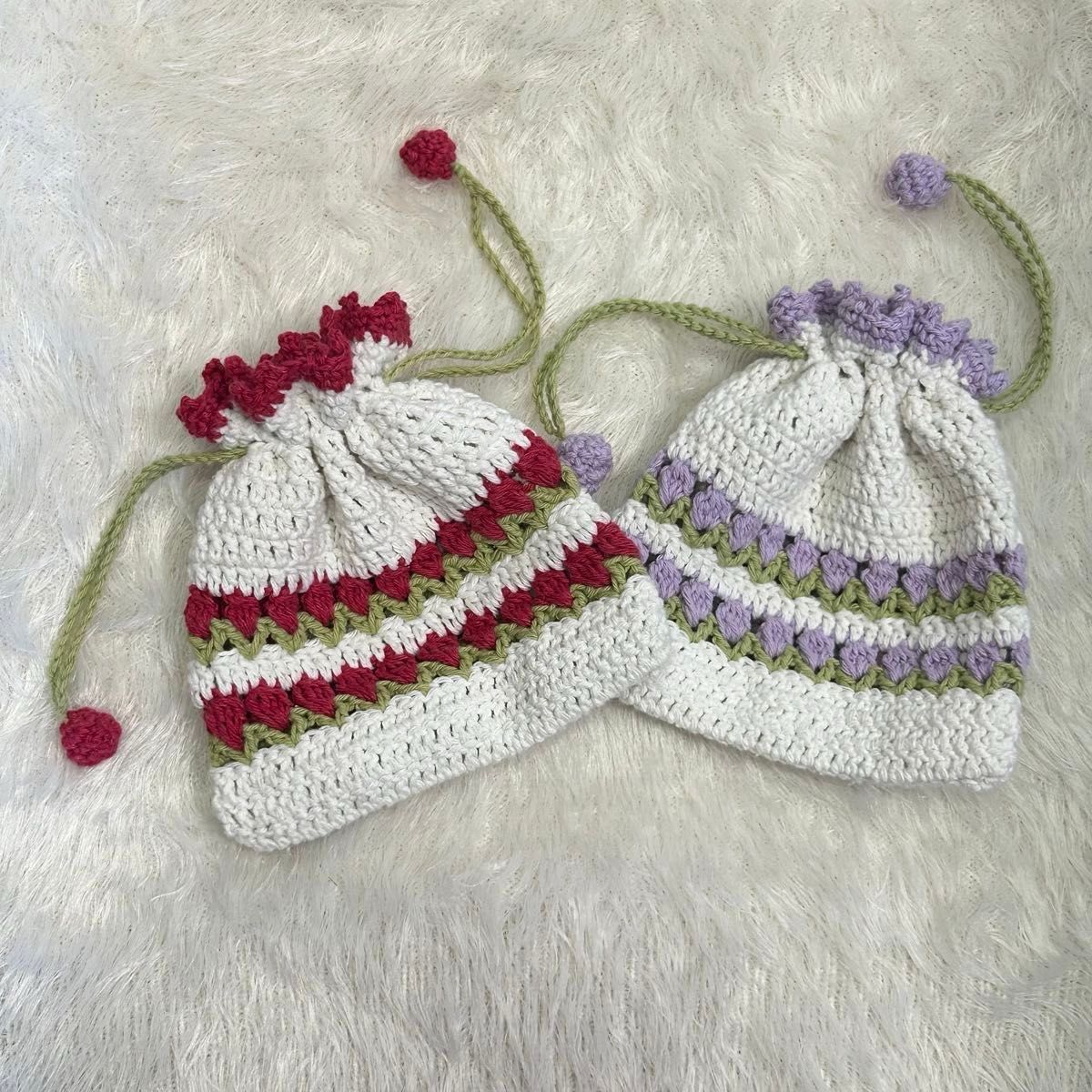 ハンドメイド 手編み かぎ針編み 巾着 ポーチ 小物入れ チューリップ 花 紫 ギフト プレゼント