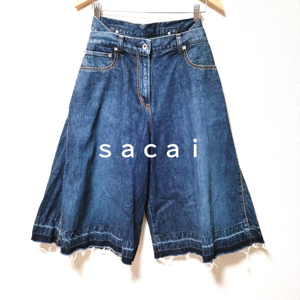 【sacai】クロップド プリーツデニム Mサイズ ブルー デニムパンツ ジーンズ デニム カットオフ