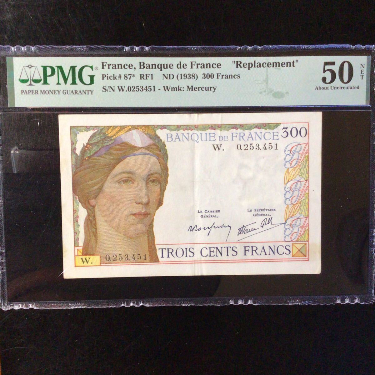 World Banknote Grading FRANCE《Banque de France》300 Francs〔Replacement〕【1938】『 PMG Grading About Uncirculated 50 NET』_画像1