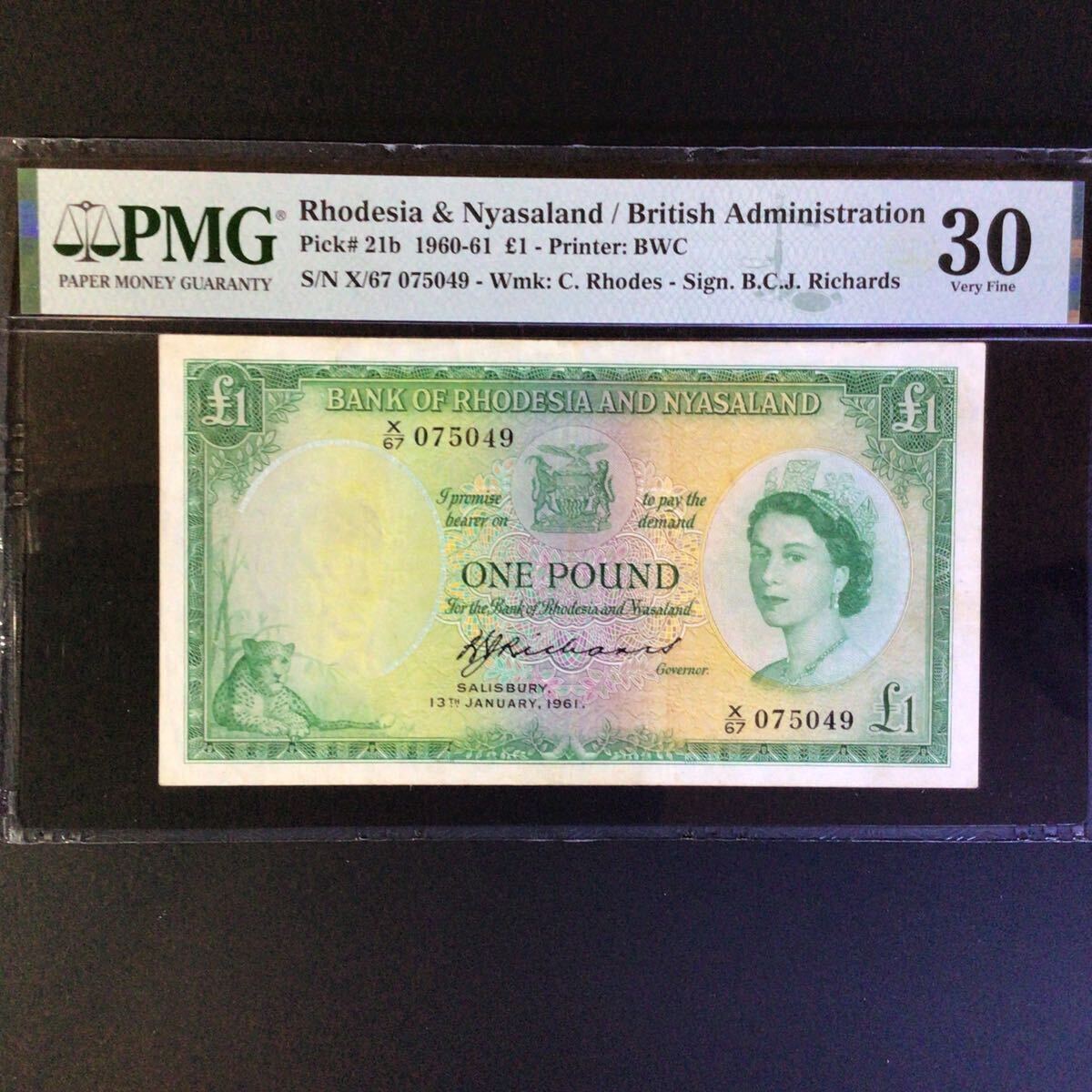 World Banknote Grading RHODESIA & NYASALAND《British Administration》1 Pound【1961】『PMG Grading Very Fine 30』_画像1