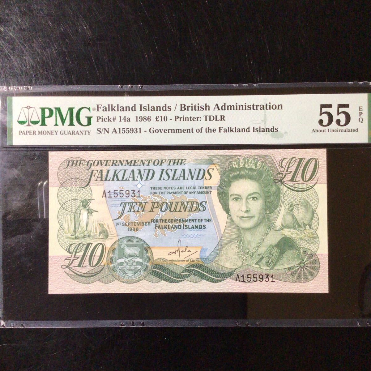 World Banknote Grading FALKLAND ISLANDS《 British Administration 》10 Pounds【1986】『PMG Grading About Uncirculated 55 EPQ』_画像1