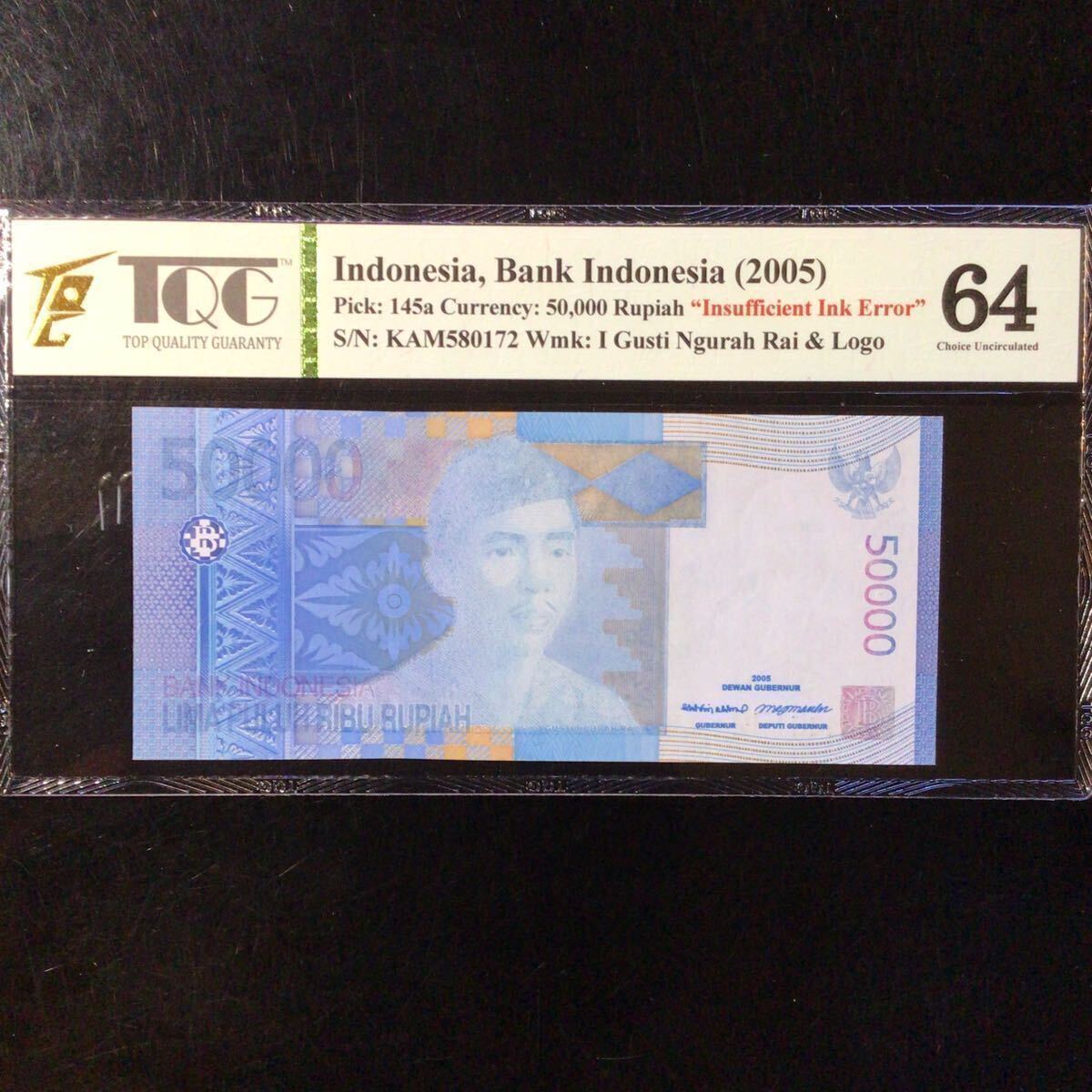 World Banknote Grading INDONESIA《Bank Indonesia》50000 Rupiah【2005】〔“Insufficient Ink Error”〕『TQG Grading Choice Unc 64』_画像1