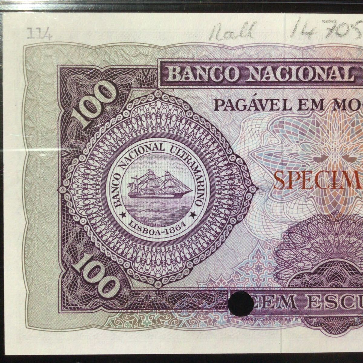 World Banknote Grading MOZAMBIQUE《Banco Nacional Ultramarino 100 Esc〔Color Trial Specimen〕【1961】『PMG Grading Choice Unc 64』_画像6