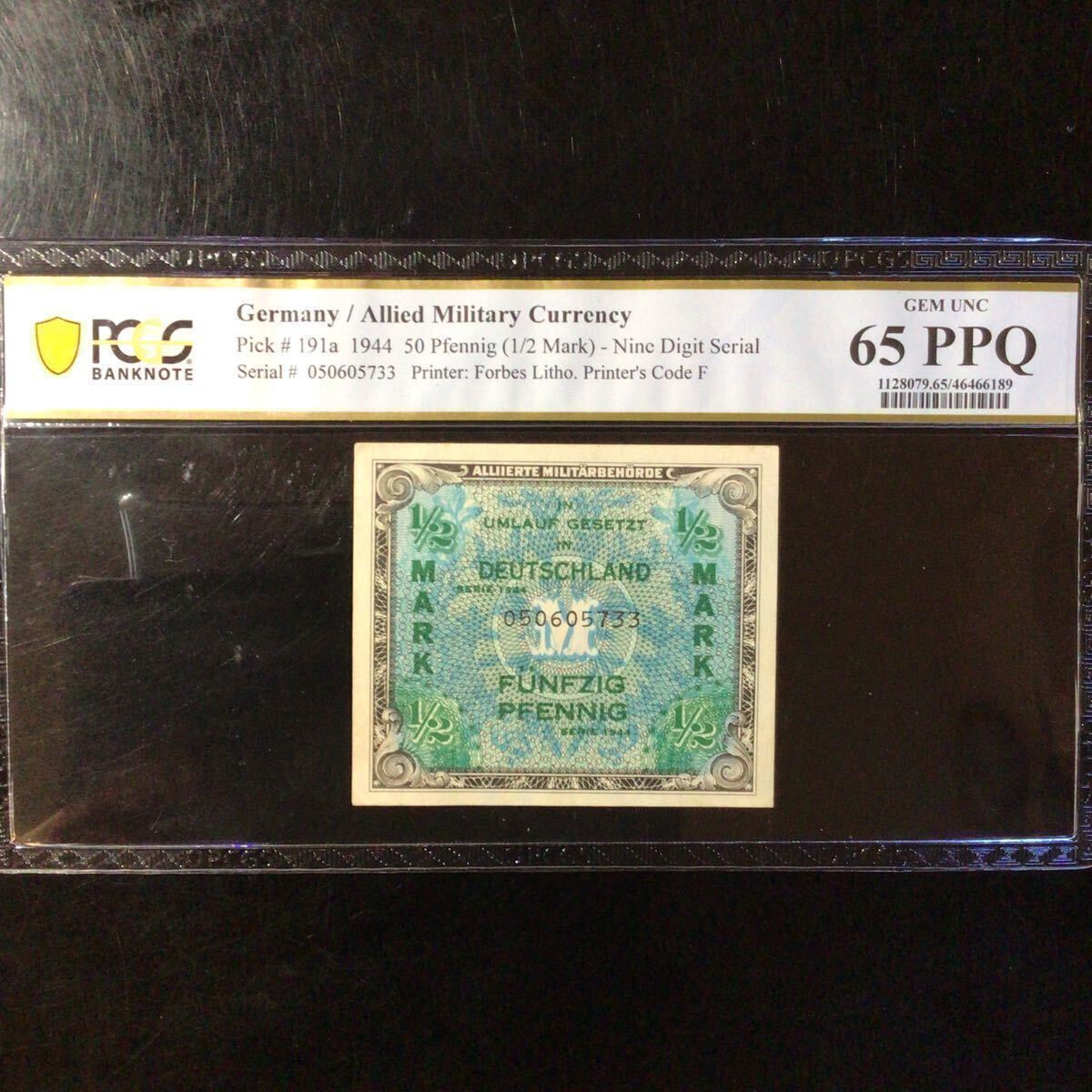 World Banknote Grading GERMANY《Allied Military Currency》50 Pfennig【1944】『PCGS Grading Gem Uncirculated 65 PPQ』_画像1