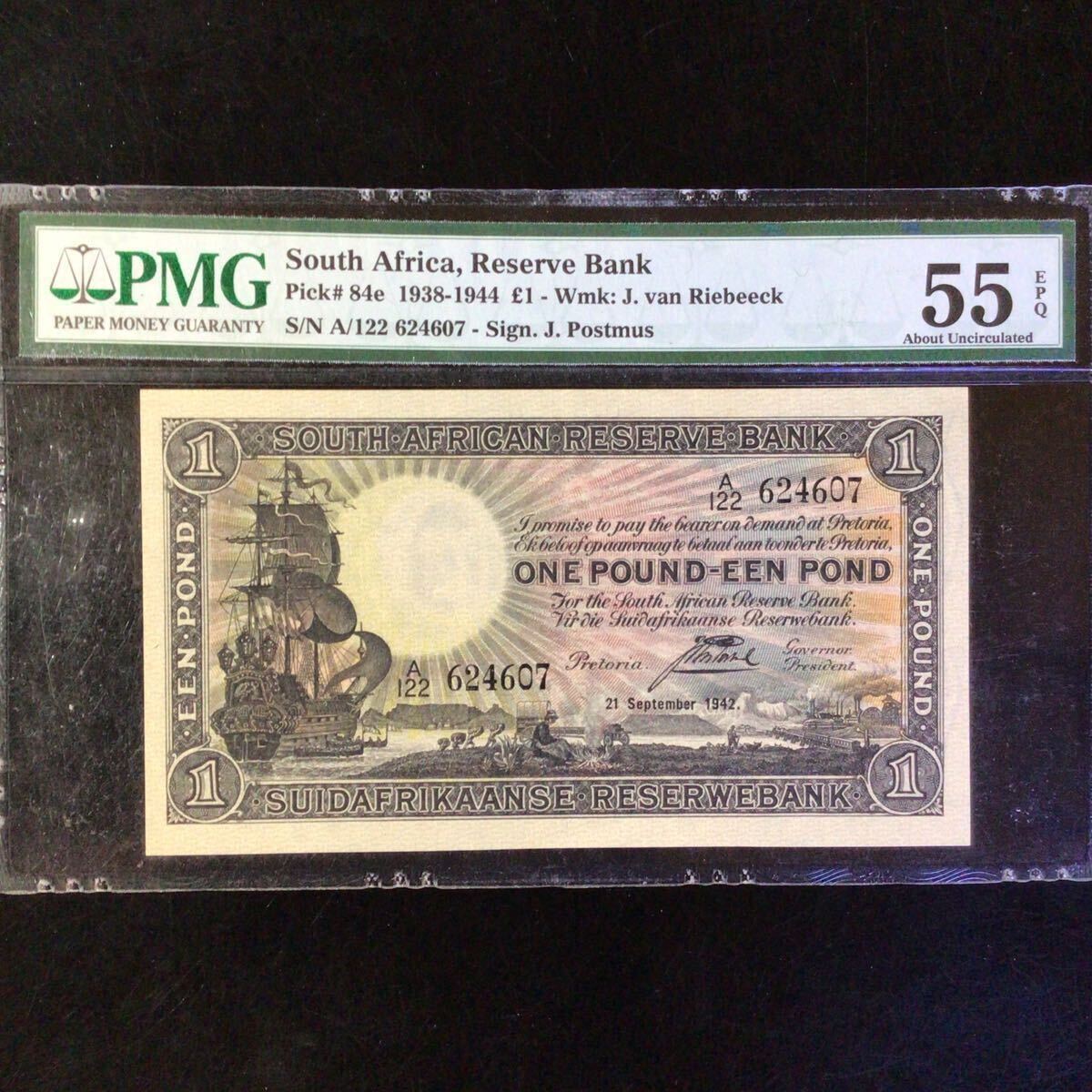 World Banknote Grading SOUTH AFRICA《Reserve Bank》1 Pound【1942】『PMG Grading About Uncirculated 55 EPQ』._画像1