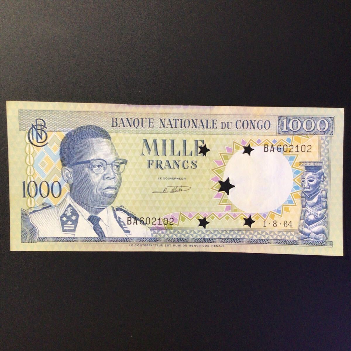 World Paper Money CONGO DEMOCRATIC REPUBLIC 1000 Francs【1964】_画像1