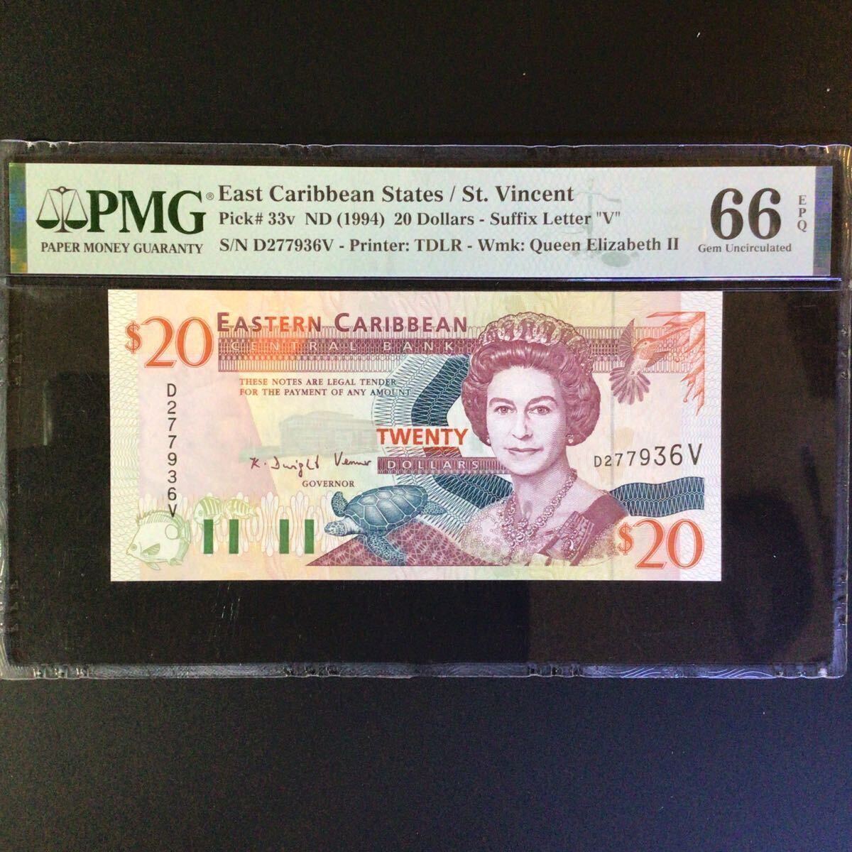 World Banknote Grading EAST CARIBBEAN STATES〔St.Vincent〕《Central Bank》20 Dollars【1994】『PMG Grading Gem Uncirculated 66EPQ』_画像1