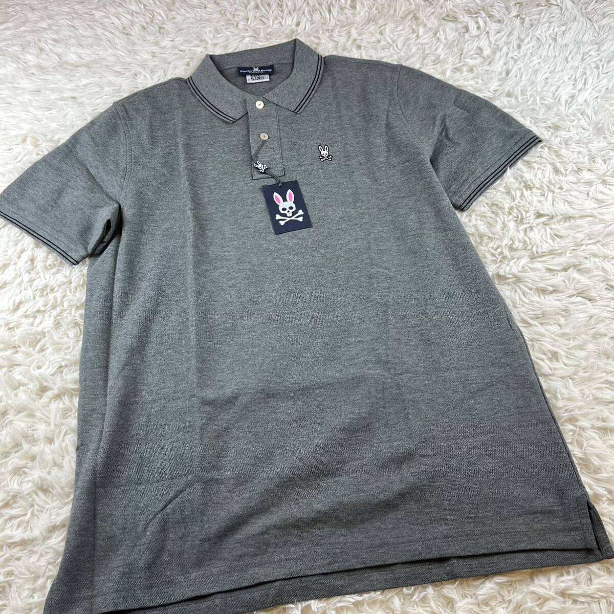 1円〜サイコバニーゴルフウェア　半袖ポロシャツ グレー　サイズ6(2XL相当) スカルワッペン刺繍
