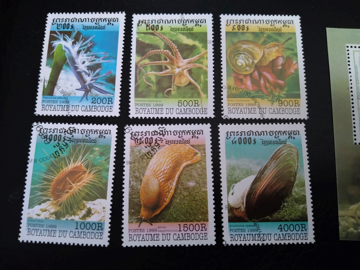 【軟体動物切手】カンボジア 貝、タコ等6種+小型シート プリキャンセル_画像2