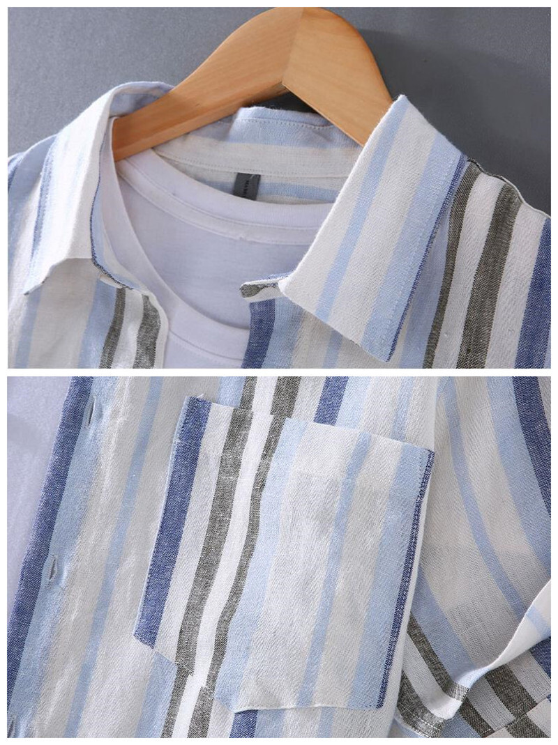 リネンシャツ　半袖シャツ　ストライプ　夏服通気　カジュアルシャツ　サマーシャツ　トップス　海シャツ【G169】ブルー　M_画像3