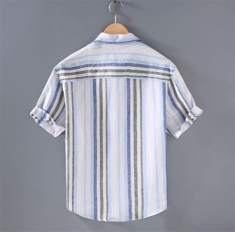 リネンシャツ　半袖シャツ　ストライプ　夏服通気　カジュアルシャツ　サマーシャツ　トップス　海シャツ【G169】ブルー　M_画像2