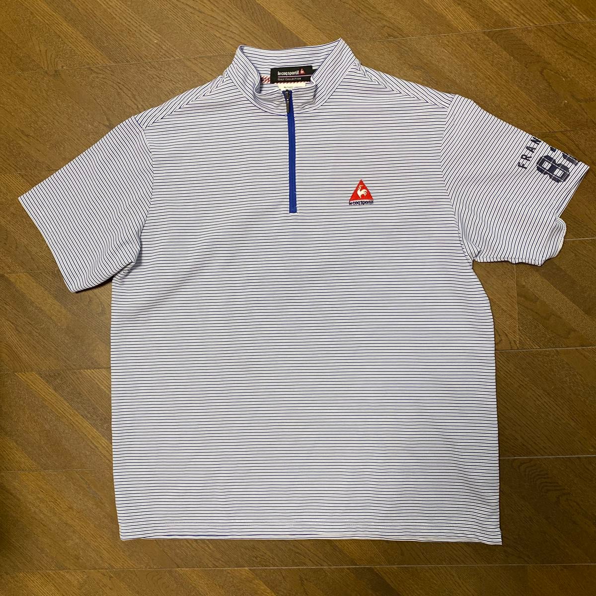 【le coq sportif】ルコックスポルティフ　ハーフジップトップス　白×紺ボーダー　L ゴルフウェア　GOLF（袖口不良）