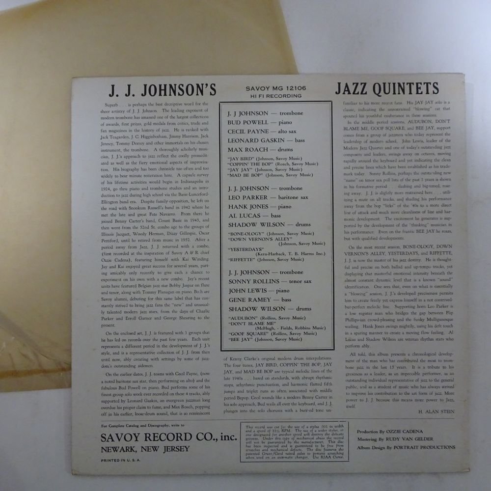 14031288;【US盤/SAVOY/濃マルーンラベル/RVG刻印/MONO/コーティング】J.J. Johnson's Jazz Quintets / S.T.の画像2