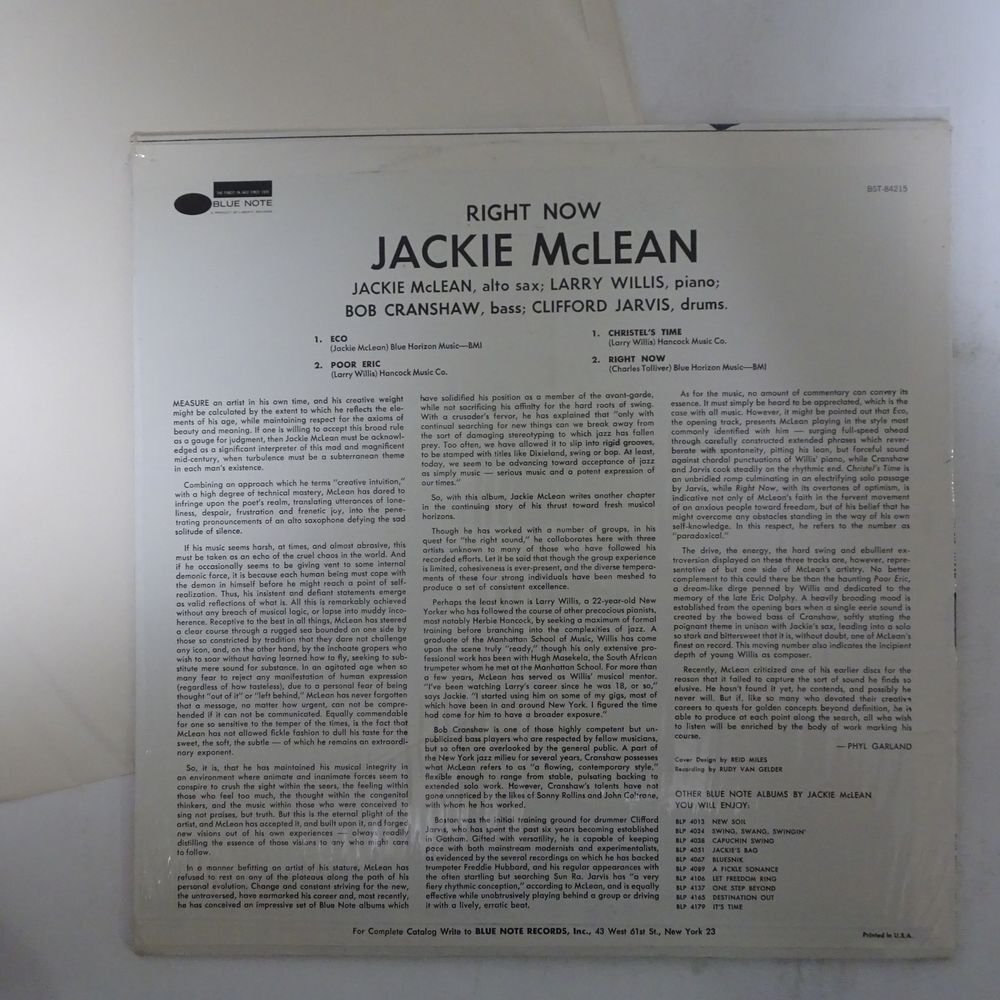14031298;【US盤/BLUE NOTE/LIBERTY/青黒ラベル/VAN GELDER刻印/シュリンク付】Jackie McLean / Right Now!の画像2