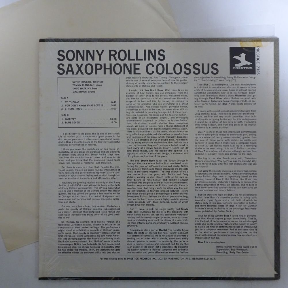 14031265;【US盤/PRESTIGE/金ラベル/手書RVG刻印/MONO/シュリンク付】Sonny Rollins / Saxophone Colossusの画像2