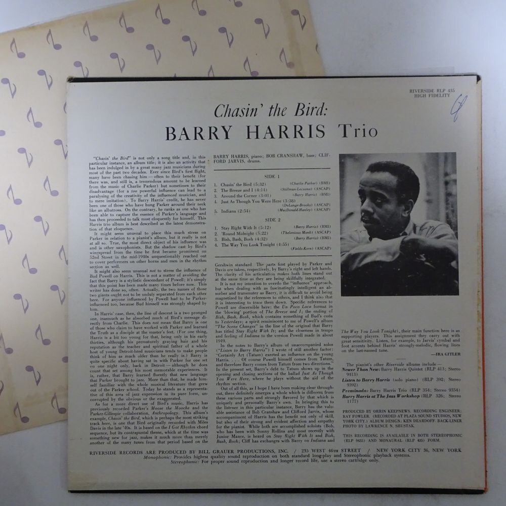 14031279;【US盤/RIVERSIDE/青大ラベル/MONO】Barry Harris Trio / Chasin' The Birdの画像2