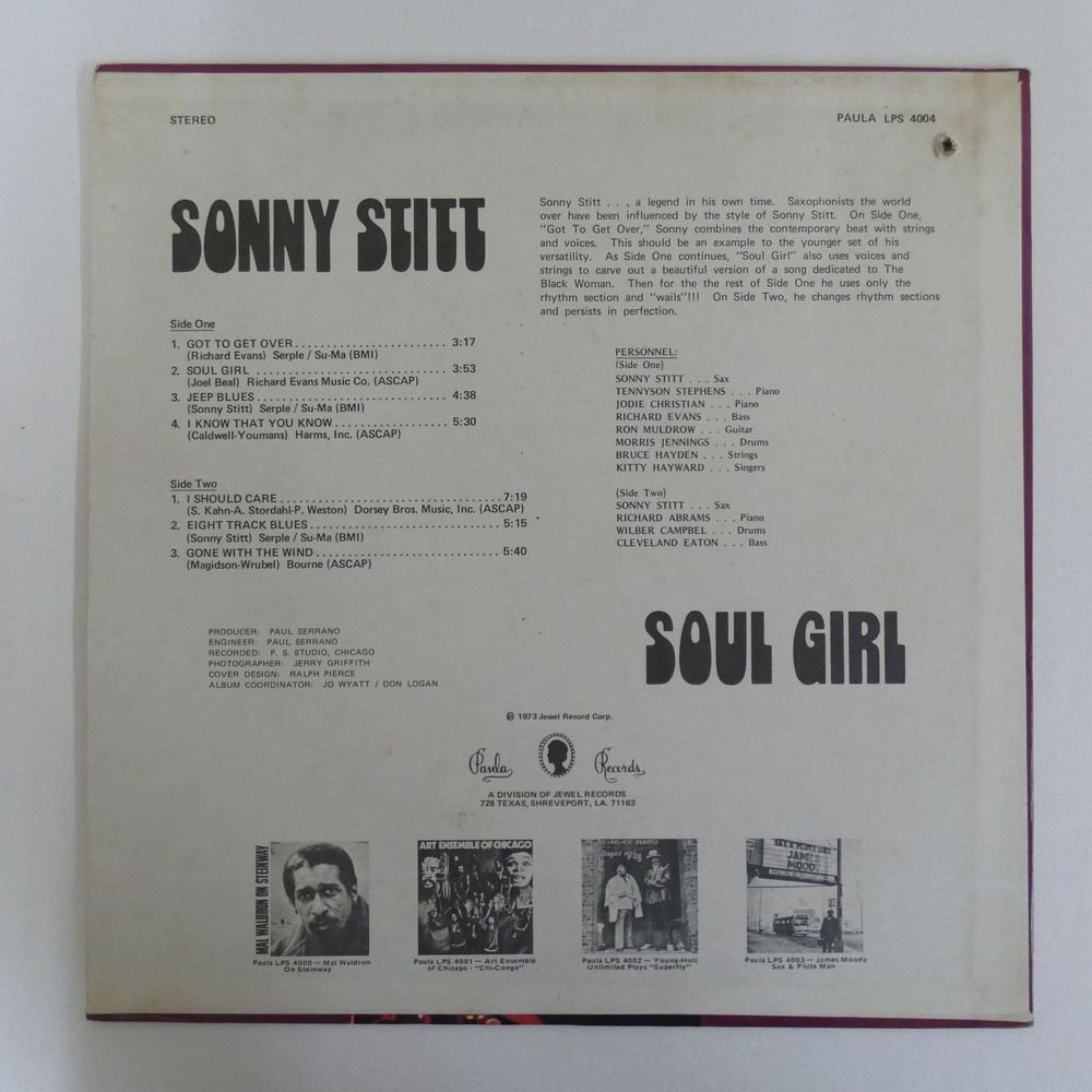 46075300;【US盤/PaulaRecords】Sonny Stitt / Soul Girl_画像2