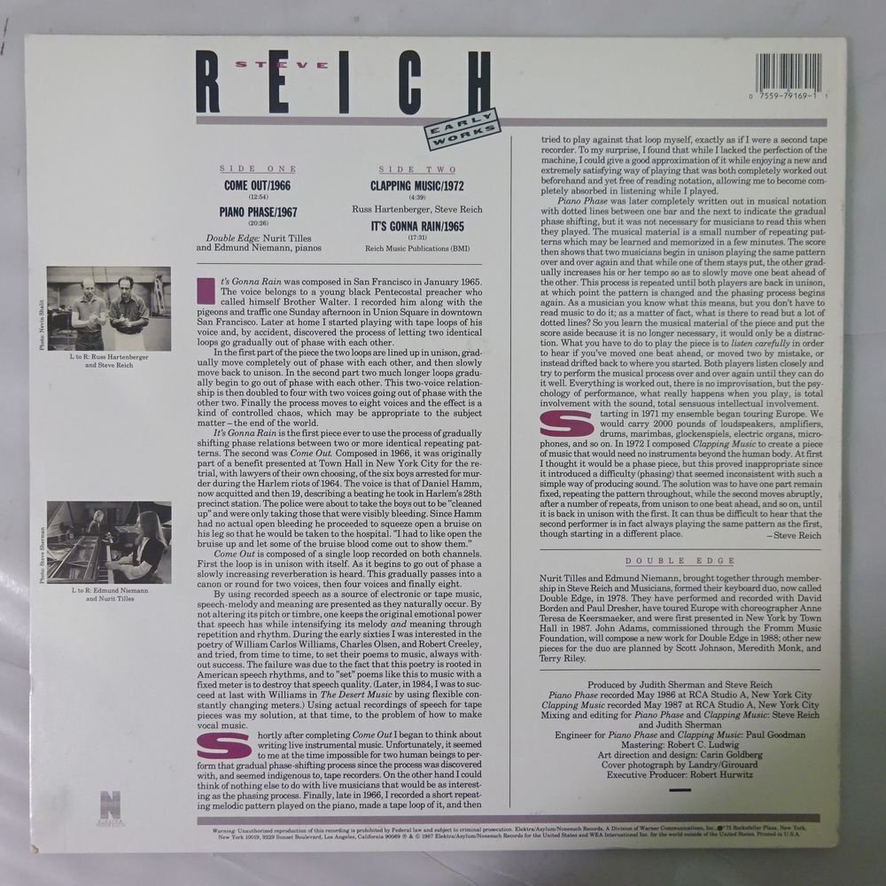 19053400;[ рис NONESUCH] Steve *laihiSTEVE REICH/ early * Works 