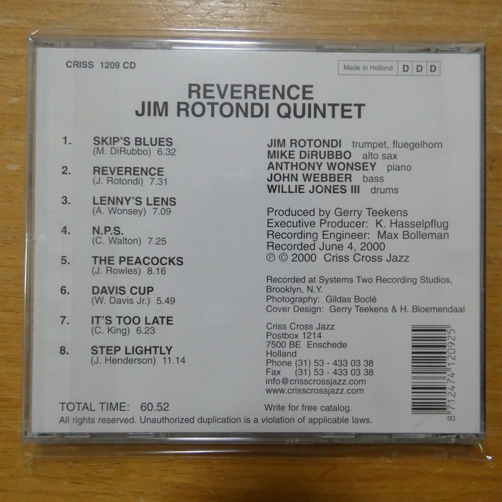 8712474120925;[CD/CRISSCROSS]JIM ROTONDI QUINTET / REVERENCE CRISS-1209CD