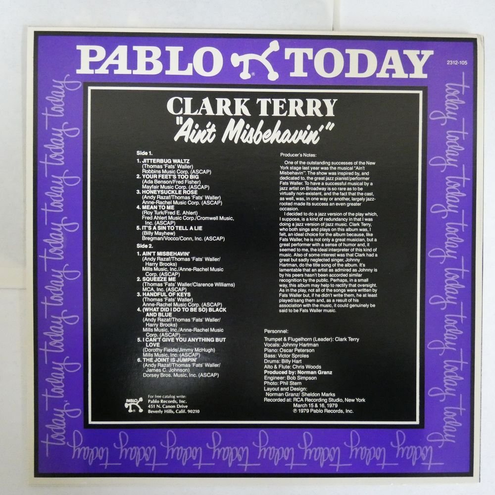 46076263;【US盤/PABLO】Clark Terry / Ain't Misbehavin'_画像2