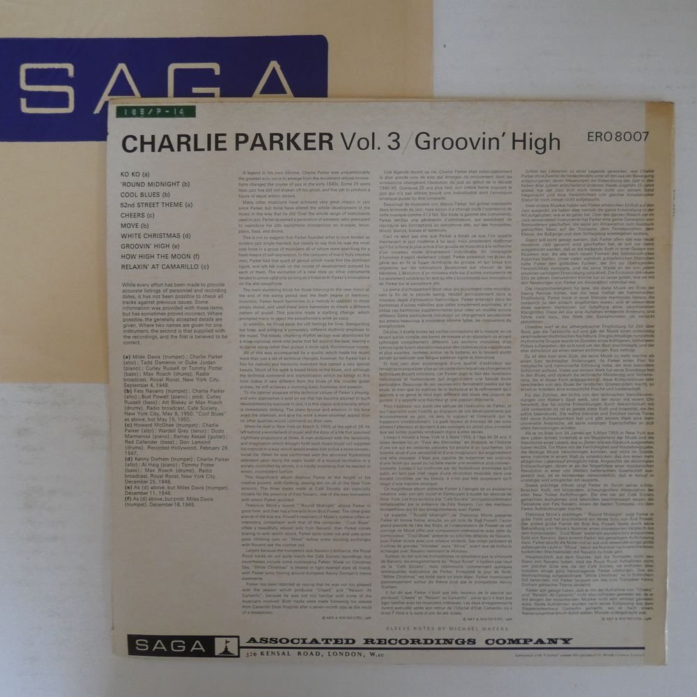 46076280;【UK盤/Saga Eros/コーティングジャケ】Charlie Parker / Vol 3 Groovin' High_画像2