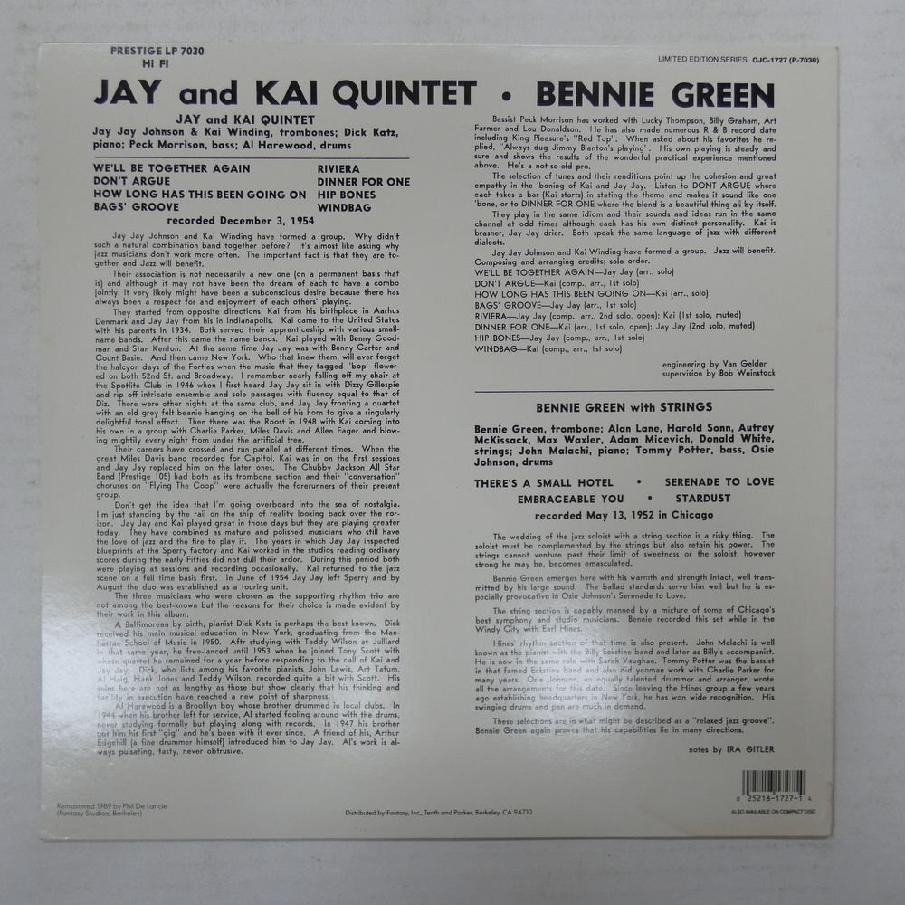 46076962;【US盤/OJC Prestige/美盤】Kai And Jay, Bennie Green With Strings / S・T_画像2