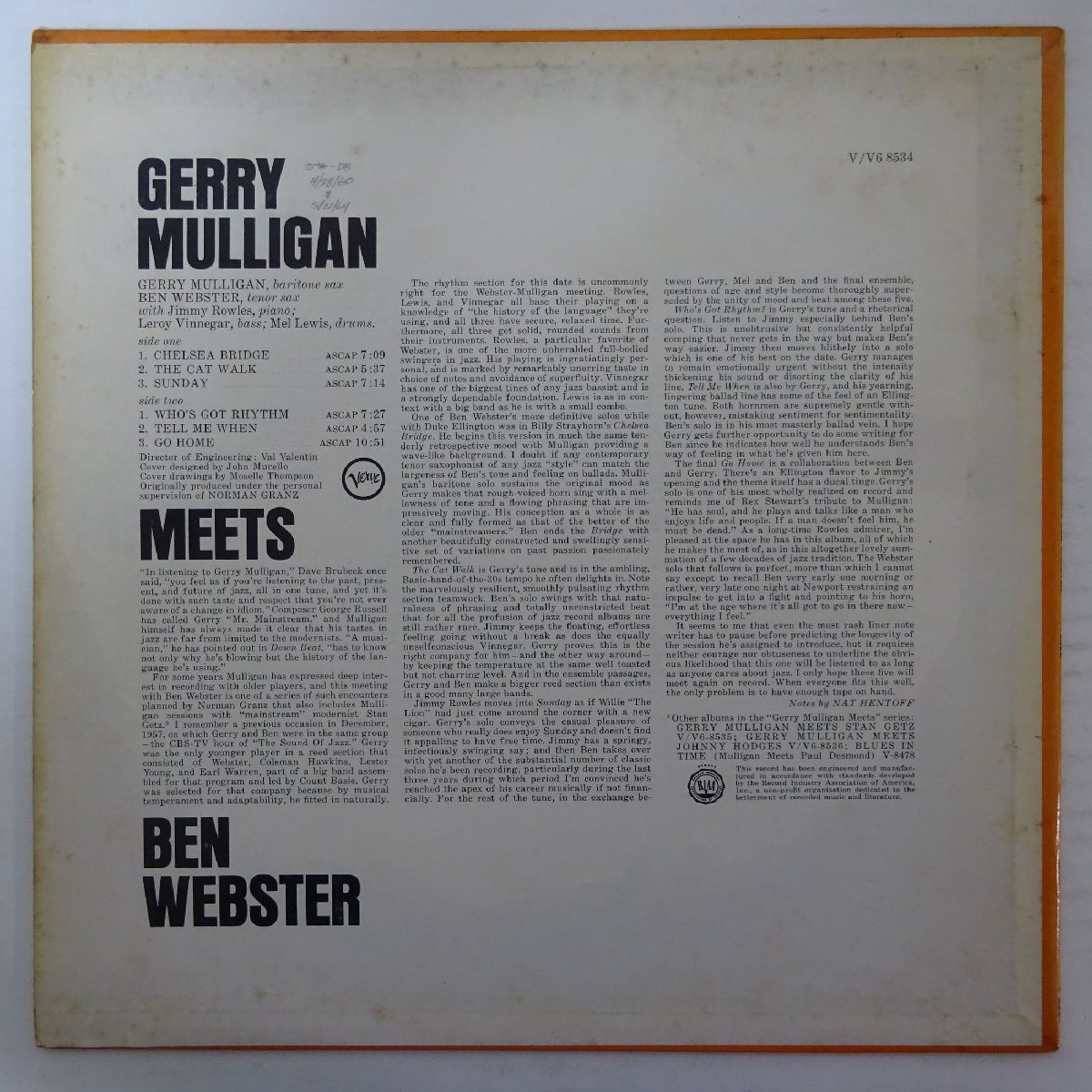 10026086;【US盤/黒T字/深溝/MONO/コーティングジャケ/VERVE】Gerry Mulligan / Meets Ben Webster_画像2