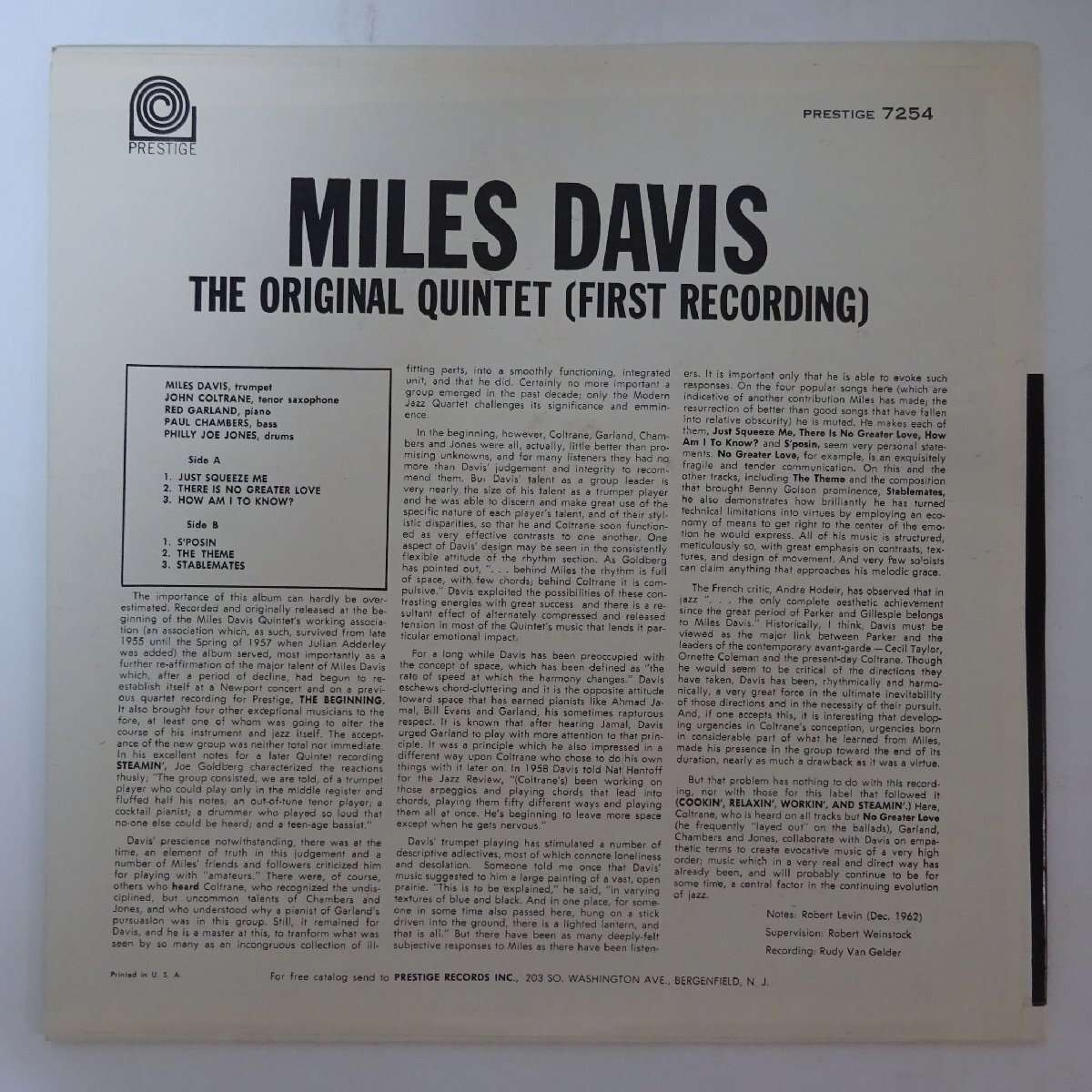 14031691;【US盤/PRESTIGE/右紺ラベル/手書RVG刻印/MONO】Miles Davis / The Original Quintet (First Recording)_画像2