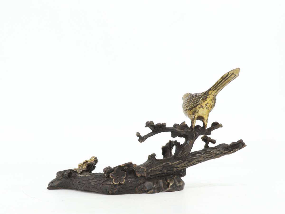 煎茶飾り 梅に鶯 置物 乾隆年製 鳥 ウグイス 細密細工 渡金 盆景 A105_画像4