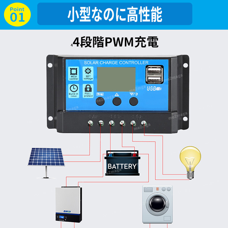 ソーラー チャージ チャージャー コントローラー バッテリー 充電 USB LCD 太陽光 キャンピングカー 安全 キャンピングカー 30A 12V 24Vの画像2