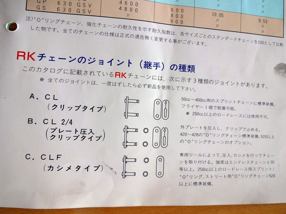 オートバイ バイク RKチェーン　TAKASAGO　コマ　ジョイント　継手　CLF型カシメタイプ　スーパーゴールドチェーン　GS525SMO_画像3