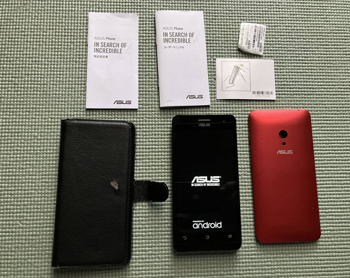 即決・送料無料■（ジャンク品）ASUS ZenFone 5 A500KL 黒 （初期化済） 赤カバー+スマホカバー(おまけ) Android5.0の画像1