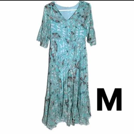 ワンピース　ドレス　ロングドレス　ロングワンピース　花柄　グリーン系　フリル　半袖ワンピース　上品　Mサイズ_画像1